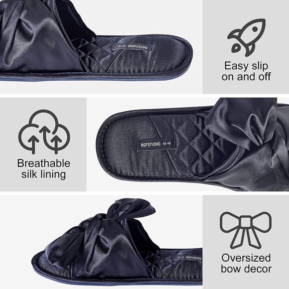 Open Toe Bow Slip On Slides Slippers Sandals Anti-Skid Rubber Sole Black 7-7.5 - Picture 4 of 5